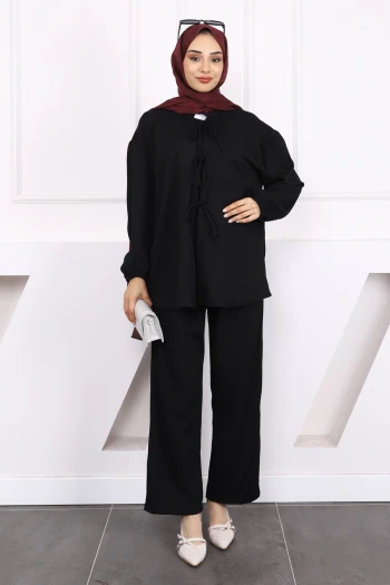 Siyah Ön Bağlamalı Bürümcük Kimono Pantolonlu Takım