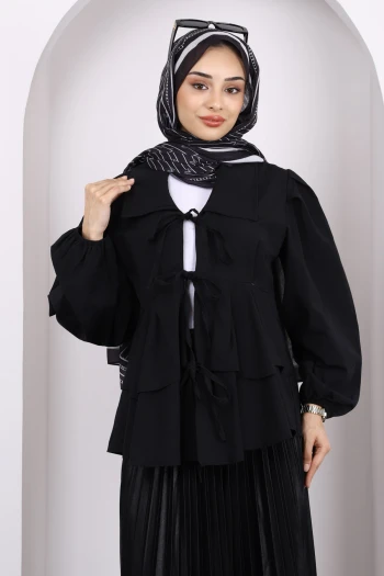 Siyah Ön Bağlamalı Katlı Tunik