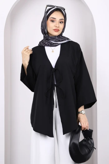 Siyah Ön Bağlamalı Kimono Tunik
