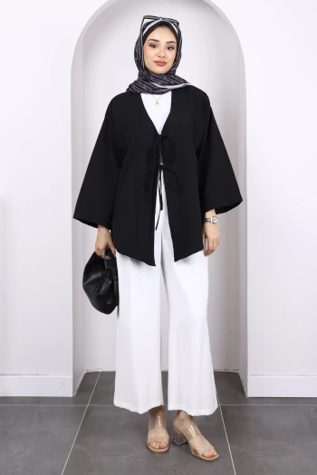 Siyah Ön Bağlamalı Kimono Tunik
