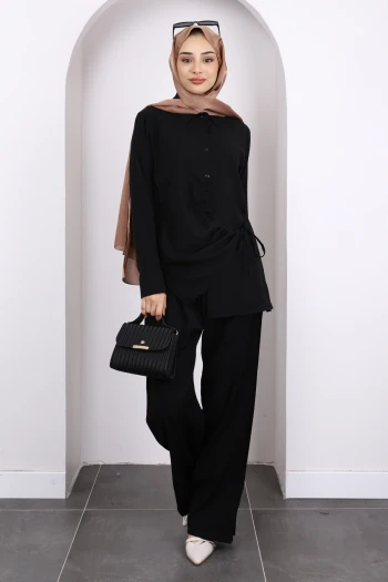 Siyah Ön Bağlamalı Tunik Pantolonlu Takım