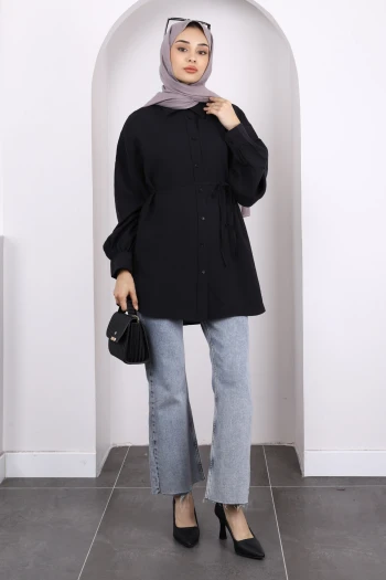 Siyah Ön Düğmeli Modal Tunik