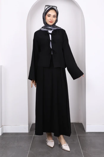 Siyah Önü Bağlamalı Kimono Etekli Takım