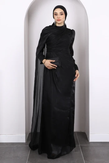 Siyah Önü Drapeli Şifon Abiye