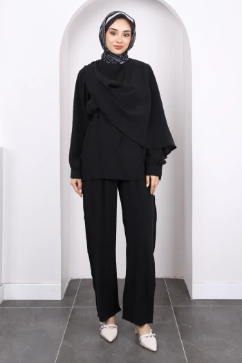 Siyah Şal Detaylı Tunik Pantolonlu Takım