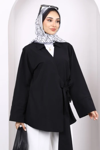 Siyah Yan Bağlamalı Kimono