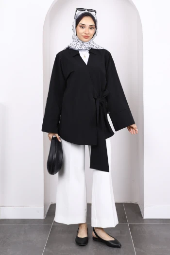 Siyah Yan Bağlamalı Kimono