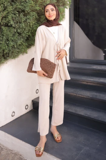 Taş Ön Bağlamalı Bürümcük Kimono Pantolonlu Takım