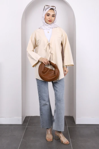 Taş Ön Bağlamalı Kimono Tunik