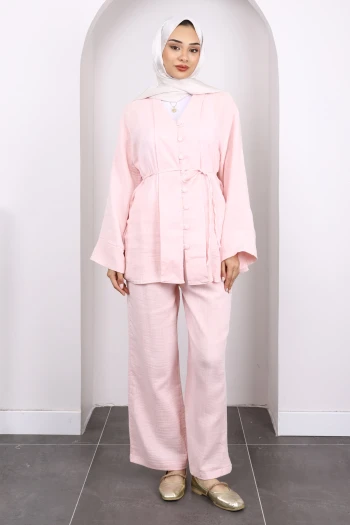 Toz Pembe Gömlek Pantolonlu Müslin Takım