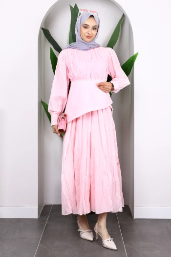 Toz Pembe Kuşak Detaylı Kraş Elbise