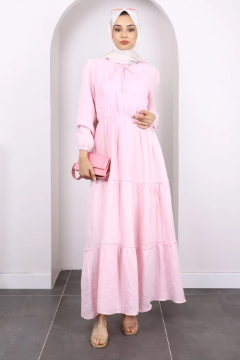 Toz Pembe Yaka Bağlamalı Eteği Katlı Muslin Elbise