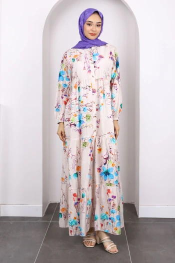 Turkuaz Yarım Düğmeli Eteği Katlı Desenli Elbise