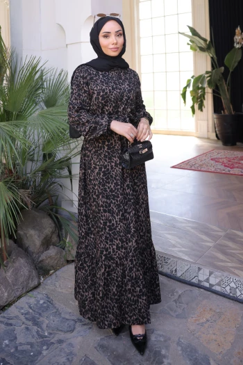 Vizon Desenli Eteği Katlı Viscon Elbise