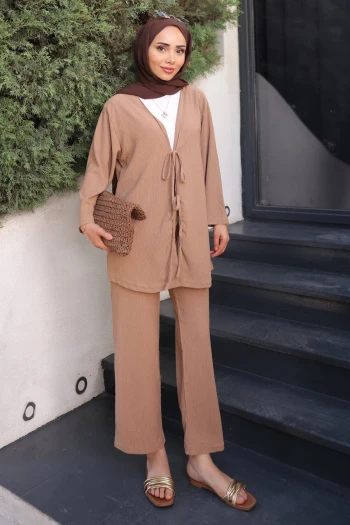 Vizon Ön Bağlamalı Bürümcük Kimono Pantolonlu Takım