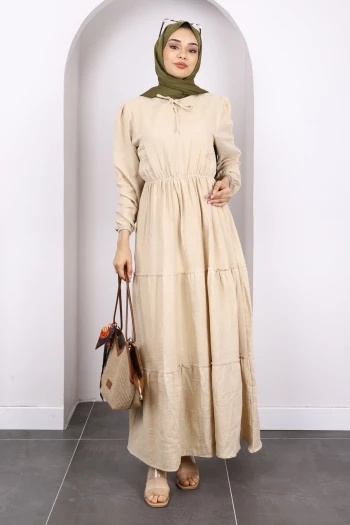 Vizon Yaka Bağlamalı Eteği Katlı Muslin Elbise