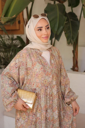 Vizon Yarım Düğmeli Eteği Katlı Elbise