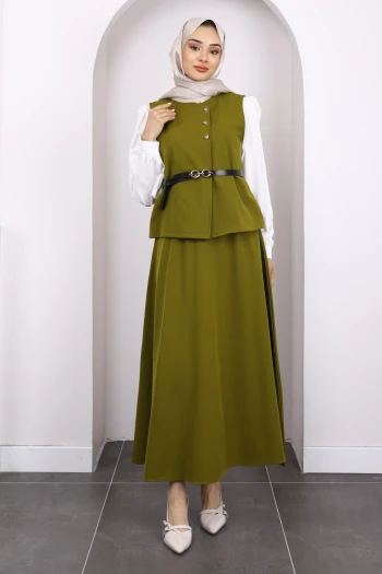 Yağ Yeşili Gömlek Yelek Etekli 3'Lü Kombin Takım