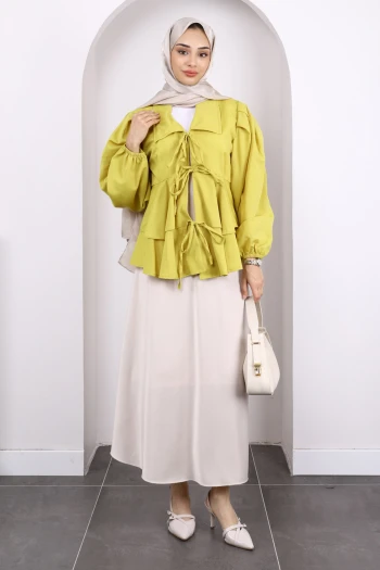 Yağ Yeşili Ön Bağlamalı Katlı Tunik