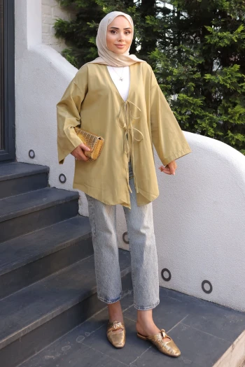 Yağ Yeşili Ön Bağlamalı Kimono Tunik