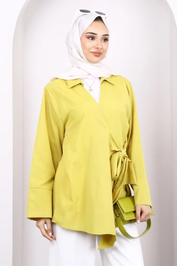 Yağ Yeşili Yan Bağlamalı Kimono