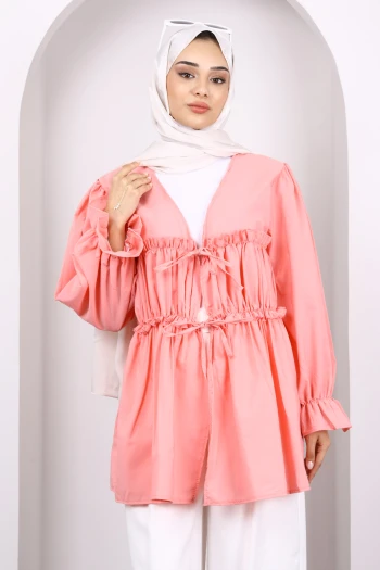 Yavruağzı Ön Bağlamalı Fırfırlı Kimono