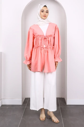 Yavruağzı Ön Bağlamalı Fırfırlı Kimono