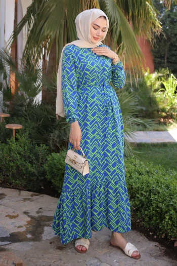 Yeşil Desenli Eteği Katlı Viscon Elbise