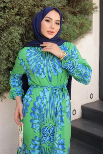 Yeşil Desenli Eteği Katlı Viscon Elbise