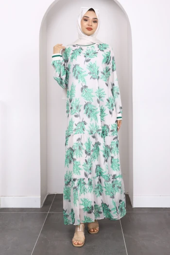 Yeşil Desenli Şifon Elbise