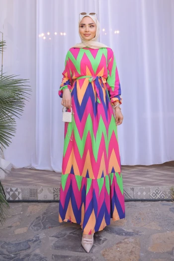 Yeşil/Pembe Desenli Eteği Katlı Viscon Elbise