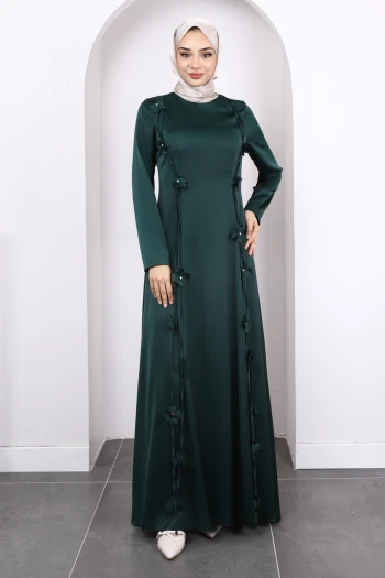 Zümrüt Yeşili Çiçek Detaylı Saten Abiye