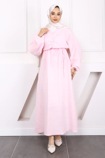 Açık Pembe Önü Büzgülü Müslin Elbise