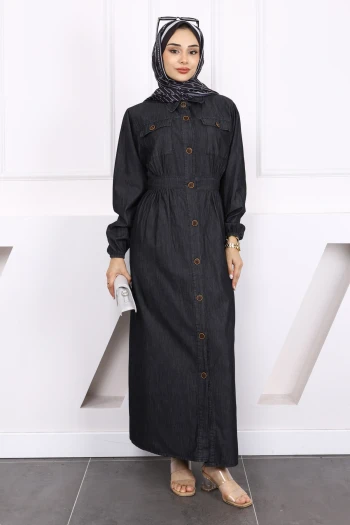 Antrasit Cepli Düğmeli Kot Elbise