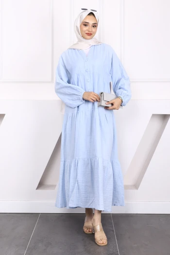 Bebe Mavi Yarım Düğmeli Katlı Müslin Elbise