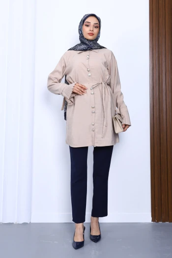 Bej Manşeti Piliseli Modal Tunik