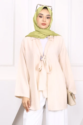 Bej Ön Bağlamalı Modal Kimono
