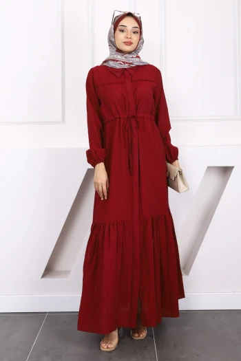 Bordo Bel Bağlamalı Dantelli Elbise