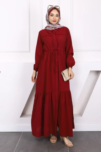 Bordo Bel Bağlamalı Dantelli Elbise