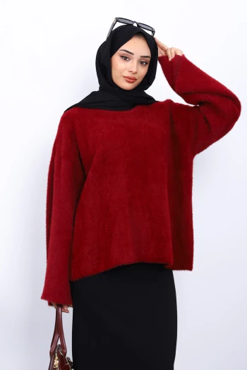 Bordo Bisiklet Yaka Oversize Sakal Triko Kazak