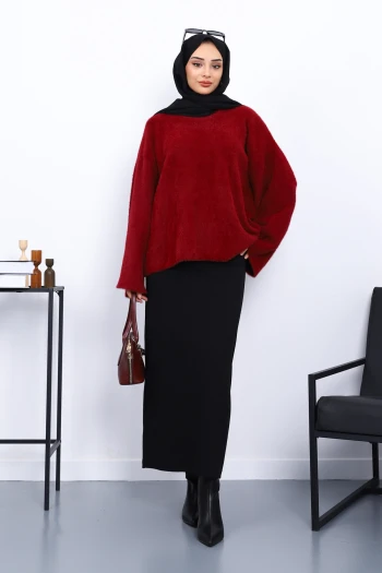 Bordo Bisiklet Yaka Oversize Sakal Triko Kazak