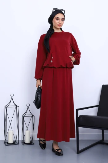 Bordo Cepli Bluz Etekli Takım