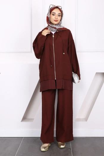 Bordo Fermuarlı Tunik Pantolonlu Takım