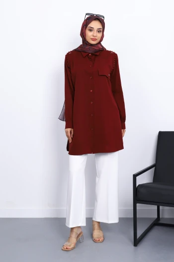 Bordo Omuzları İncili Tunik