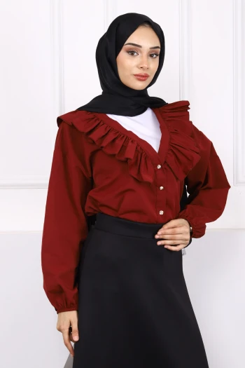 Bordo Yaka Fırfırlı Düğmeli Gömlek