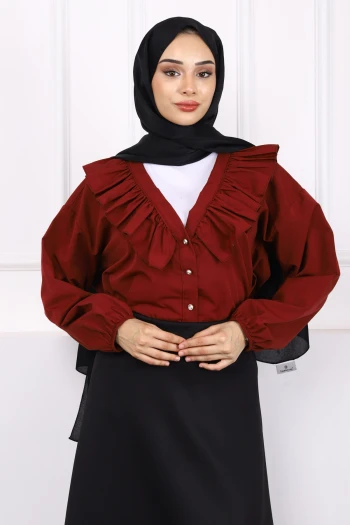 Bordo Yaka Fırfırlı Düğmeli Gömlek