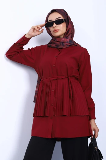 Bordo Yan Bağlamalı Poplin Tunik