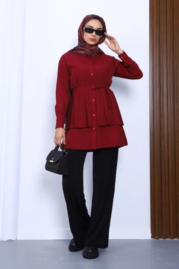 Bordo Yan Bağlamalı Poplin Tunik