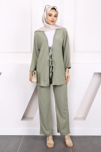 Çağla Ön Bağlamalı Bürümcük Kimono Pantolonlu Takım