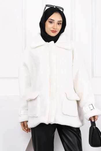 Ekru Fermuarlı Peluş Ceket